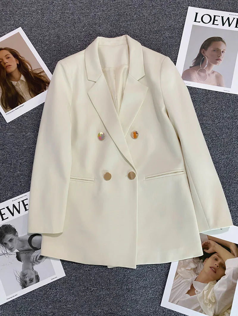 Casual Small Suit Jacket Women Fashion Loose Metal Double-Breasted Blazer Coat Korean Occupation Office Formal Lapel Blazers