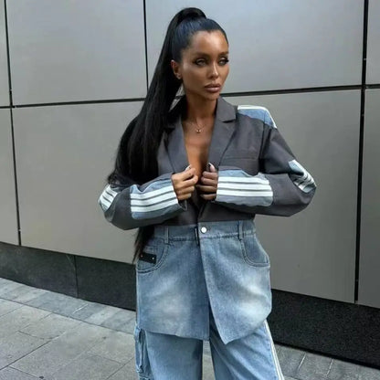 Autumn New Korean-style Fashion Women's Denim Patchwork Notched Single-button Design Suits High Street Casual Blazers