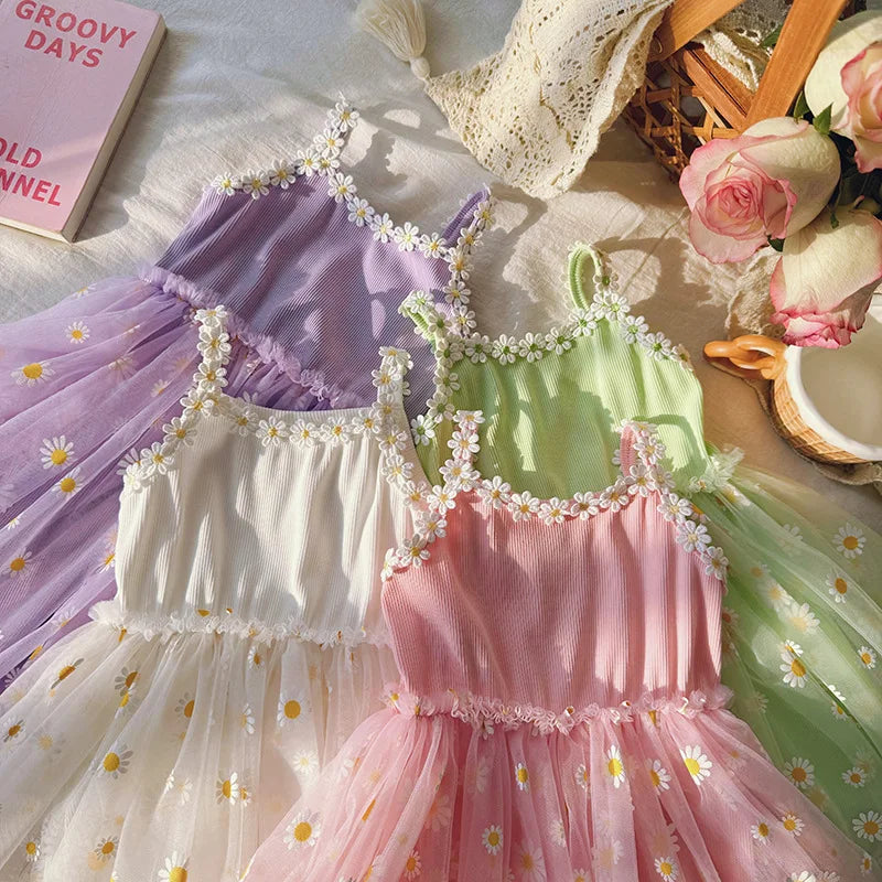 Girls Casual Dresses Little Daisy Flower Mesh Dress for Girls Summer Camisole Pompadour Dress Girls Clothes for2 To 7 Years