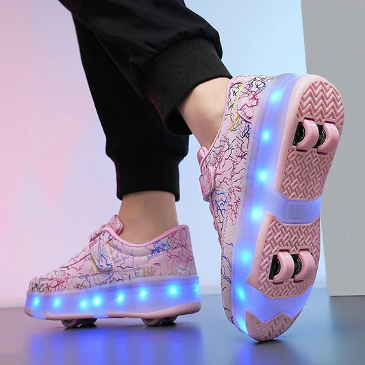 4 Wheel Dual-Use Roller Skates with Detachable Wheels ,Sneakers with LED Boys Girls Shoes with Wheels,Speed Skate Sizes 29-42