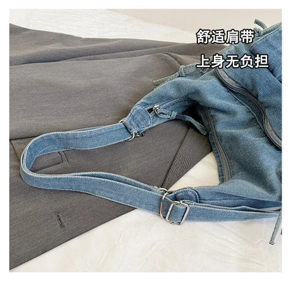 Solid Color Denim Trendy Shoulder Bag for 2025 High Quality Fashion Zipper Large Capacity Versatile Women's Crossbody Bag