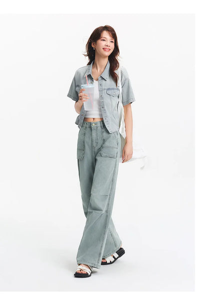 Women Pants Denim Drawstring Cool Feeling Loose Workwear American Street Style Cool Wide Leg 2026 Summer Fashion Top