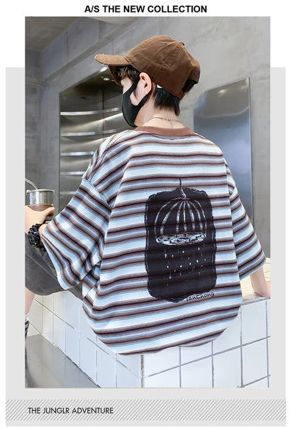 2026 Children Summer Clothes Set for Teen Boy Cotton Striped T-Shirt Shorts Two Pieces Outfit Suit Kids Clothing 5 7 9 11 13 14Y