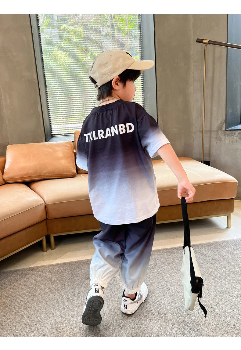 Summer Boys Gradient Contrast Alphabet t-Shirt Tops+Pant Workout Sets School Kids 2PCS Tracksuit Children Jogger Outfits 5-16 Yr