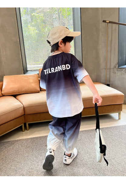 Summer Boys Gradient Contrast Alphabet t-Shirt Tops+Pant Workout Sets School Kids 2PCS Tracksuit Children Jogger Outfits 5-16 Yr