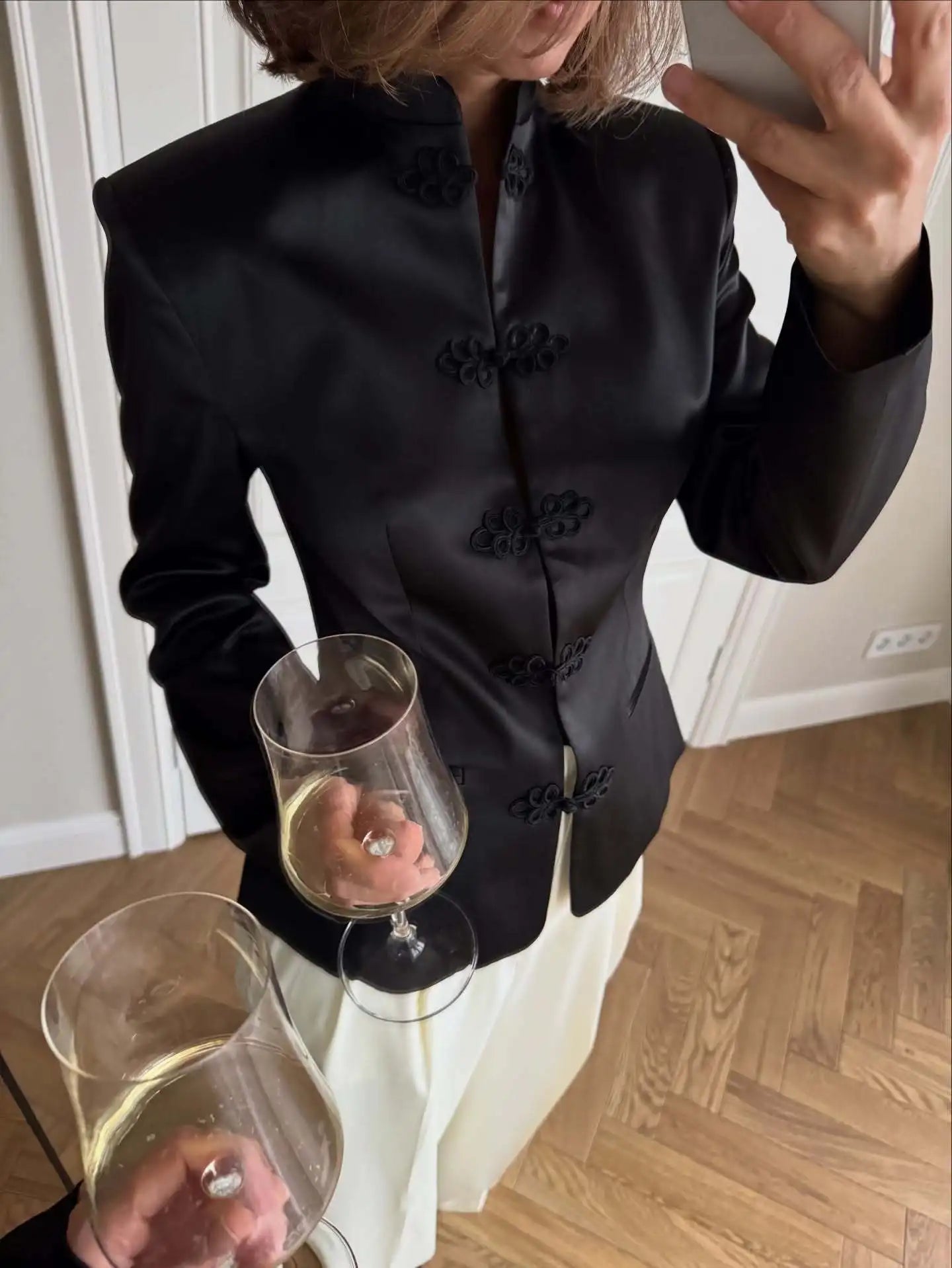 Women's Spring Summer Satin Mandarin Collar Knot Button Blazer Chic Formal Casual Wear 2026 Trendy Feminine Fashion Coat