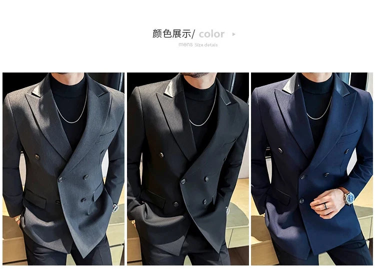 (1 Pcs Jackets) New Thicken Thicken Striped Casual Suit Jacket Fashion Splicing Leather Neck Men's Business Slim Blazers Tuxedos
