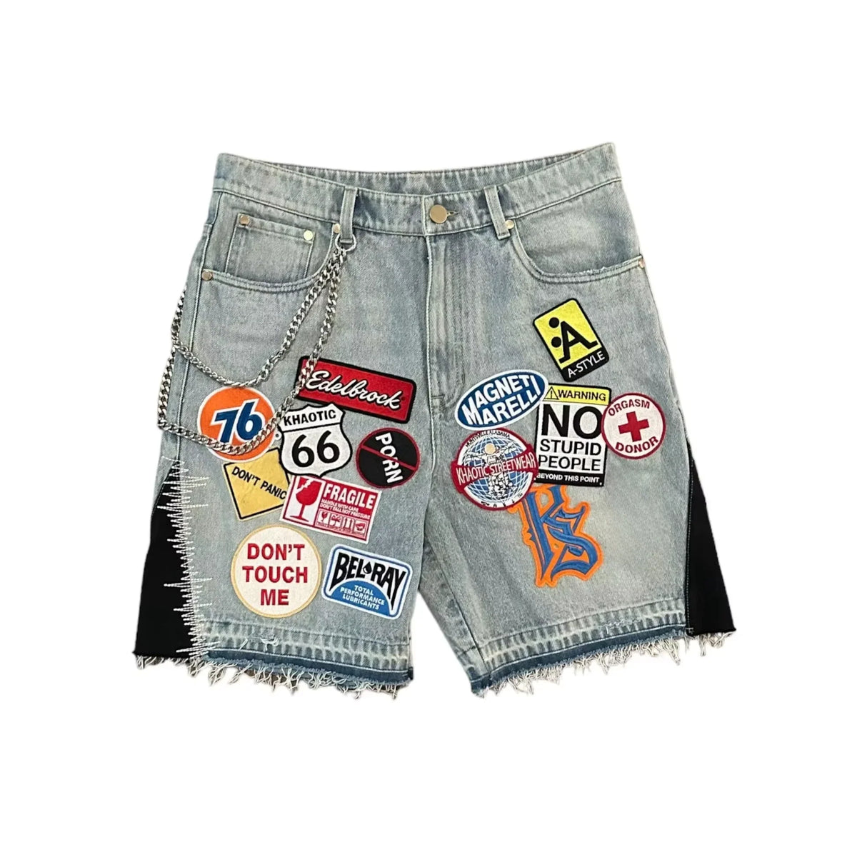 Retro Blue Streetwear Patchwork Denim Short Y2K Jeans Men Women Hip Hop Cartoon Graphics Loose Metal Denim Fitness Casual Shorts