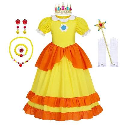 Rosalina Dress Girls Peach Costume Daisy Cosplay Children Birthday Party Carnival Fancy Outfit