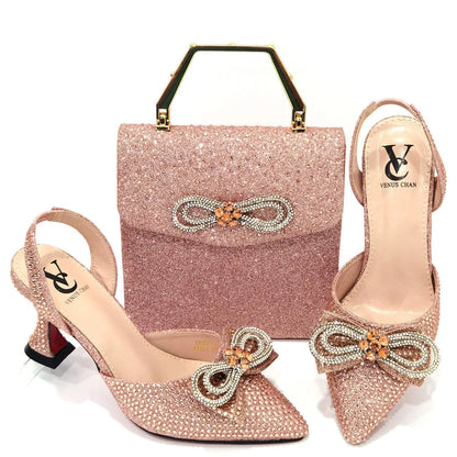 The Latest INS Style Rhinestone Bow Side Empty Party High Heels Pointed Toe Stiletto Heels Silver Women's Shoes And Bags