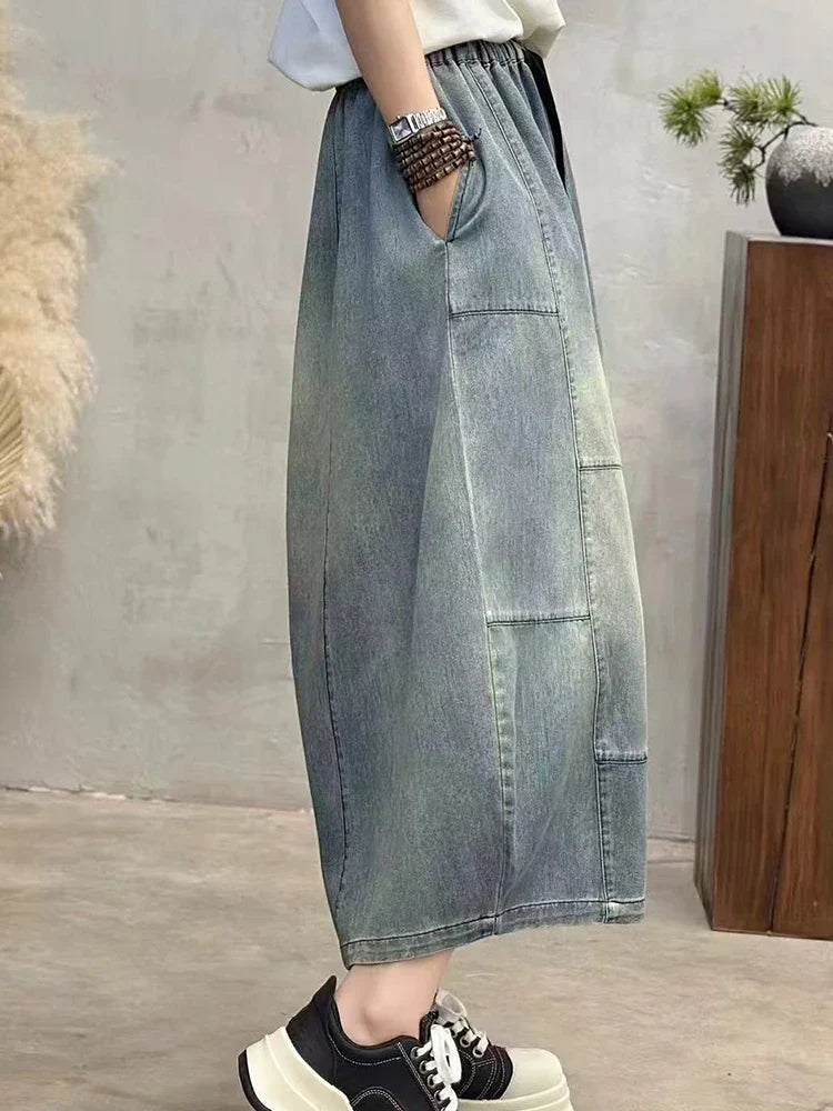 Women Summer Fashion Big Size Denim Pants 2025 Females Vintage Classic Loose Harem Trousers Elastic Waist Casual Jeans