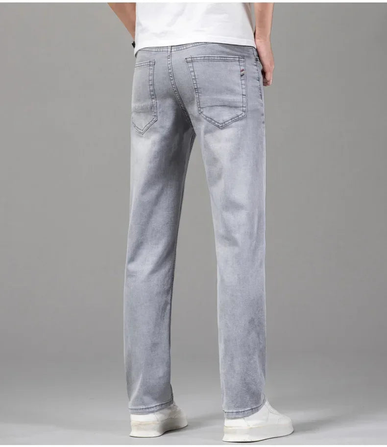 Summer Brand Men's Fit Straight Lightweight Cotton Stretch Jeans Business Casual High Waist Thin Light Grey Jeans mens pants