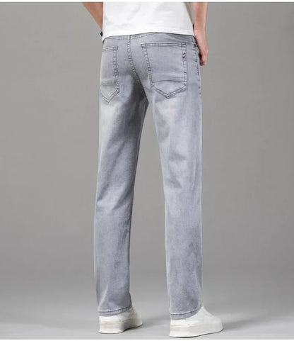 Summer Brand Men's Fit Straight Lightweight Cotton Stretch Jeans Business Casual High Waist Thin Light Grey Jeans mens pants