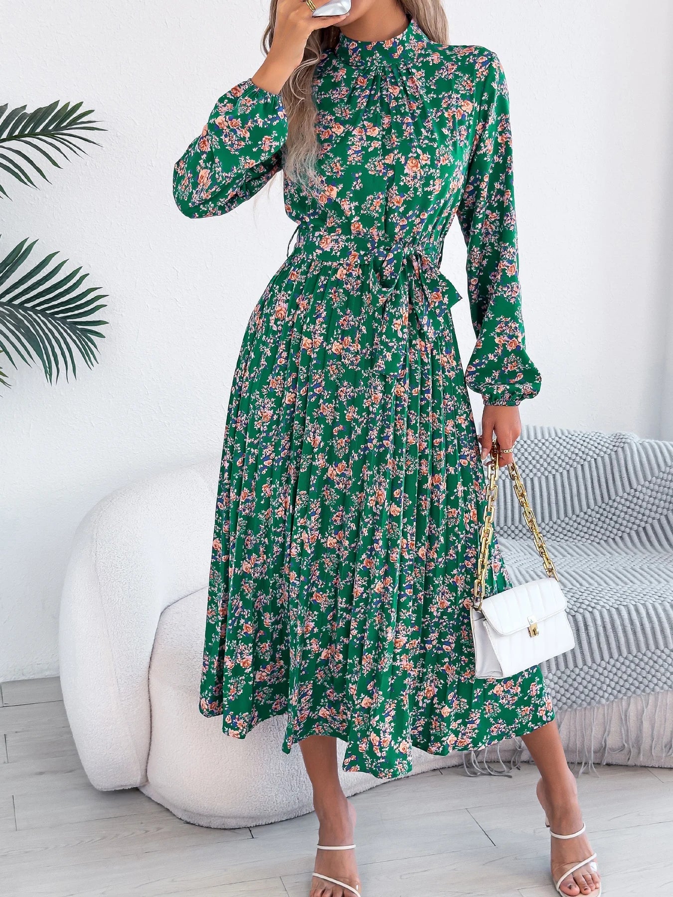 Floral Stand Up Collar Bridesmaid Dress 2026 Spring Summer Elegant Long Sleeve Waist Cinched Pleated Dresses Valentine's Day
