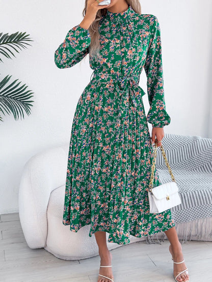 Floral Stand Up Collar Bridesmaid Dress 2026 Spring Summer Elegant Long Sleeve Waist Cinched Pleated Dresses Valentine's Day