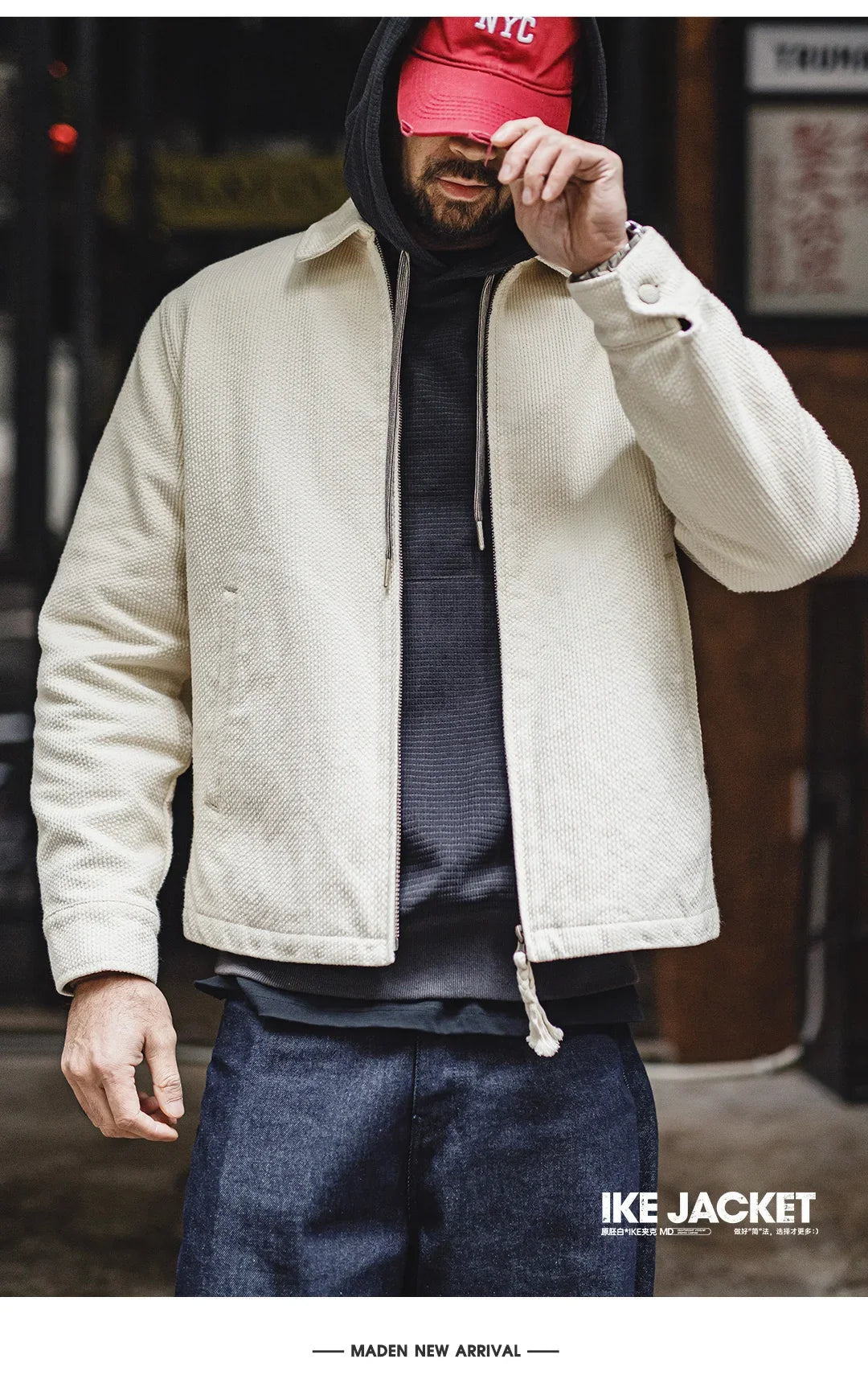 Men's Vintage White Jacket Heavyweight Cotton Turn-Down Collar Zip-Up Short Outwear Canvas Fitted Fit Spring Autumn Coat