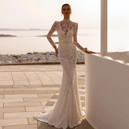 Sexy Lace Mermaid Wedding Dress Customized High Neck Long Sleeves Beading Floral Lace Bridal Gown Arabic Bride Dresses