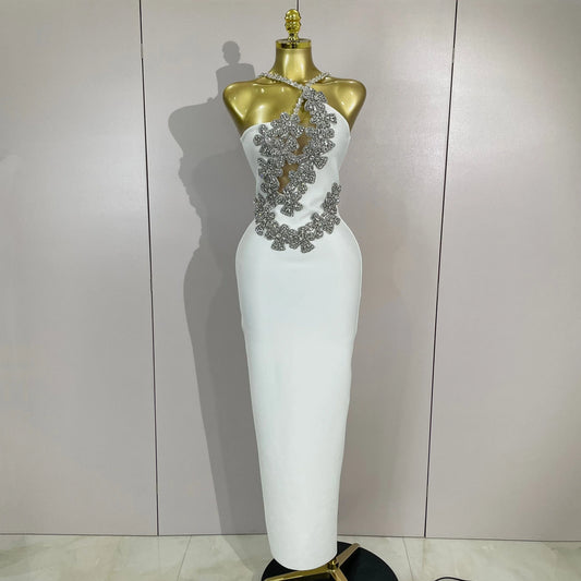 Sexy Backless Sparkly Crystal Diamonds White Bodycon Bandage Dress Women Celebrity Elegant Evening Club Party Birthday Dresses