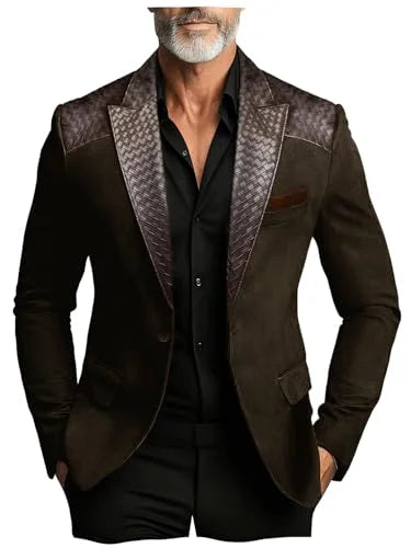 Men's Faux Suede Jacket with PU Leather Collar & Shoulder Two-Tone Blazer Contrast Trim Coat