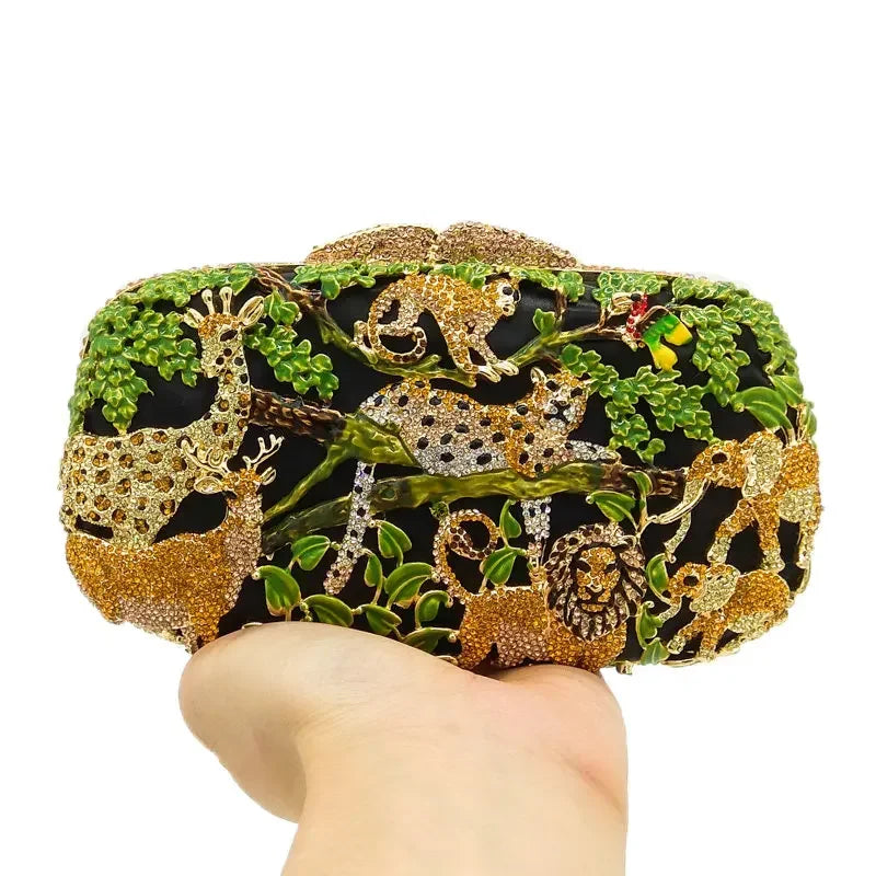 Forest Jungle Women Crystal Animal Evening Bags Party Rhinestone Handbag Bridal Wedding Clutch Bag