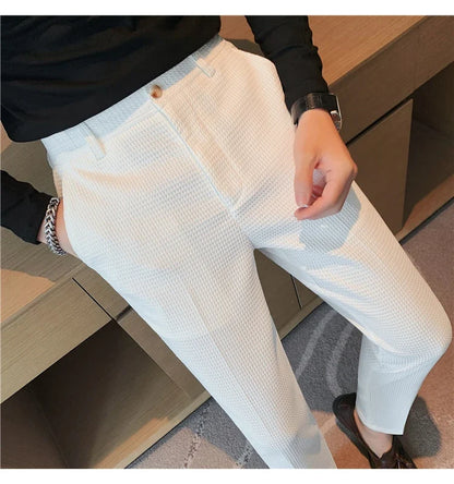 2024 Autumn New Waffle Stretch Waist Business Formal Pants Men Fashion Wedding Slim Trouser Mens Brand Social Party Suit Pants