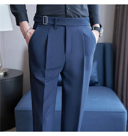 2026 Texture Naples Men's Solid Color Casual Pants Fashion Belt Design Slim Fit Suit Pants Formal Wear Wedding Social Trousers