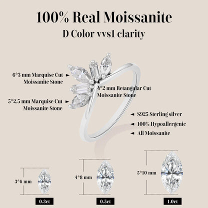 Luxury Sparkling Marquise Rectangle Moissanite Curved Ring S925 Silver for Women party Daily Jewelry Gifts Anniversary