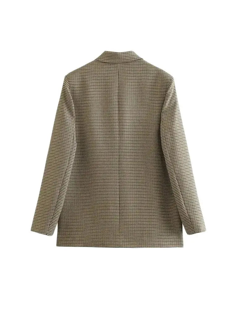 Women Fashion Double Breasted Plaid Blazer Coat Vintage Long Sleeve Flap Pockets Female Outerwear Chic Vestes Femme