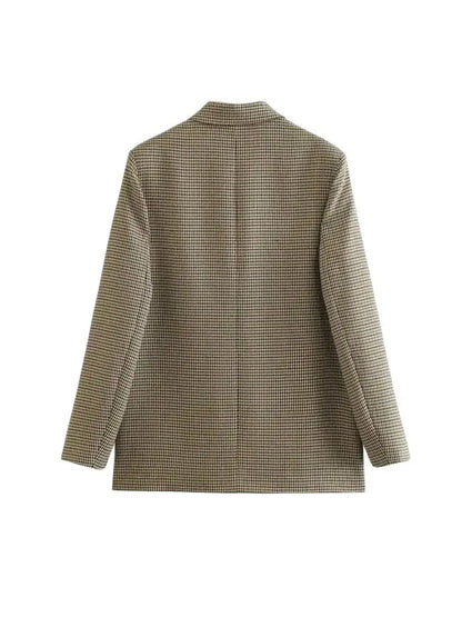 Women Fashion Double Breasted Plaid Blazer Coat Vintage Long Sleeve Flap Pockets Female Outerwear Chic Vestes Femme
