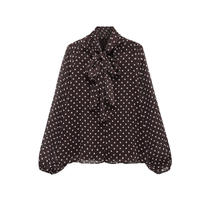 Women 2026 Trend Polka Dot Print Blouse Bow Scarf Collar Long Sleeve Shirt Female Fashion High Street Lady Chic Thin Tops