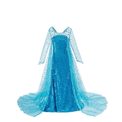Children Carnival Blue Sequins Elsa Cosplay Dress Girls Elegant Blue Princess Costume Kids Halloween Birthday Party Clothes