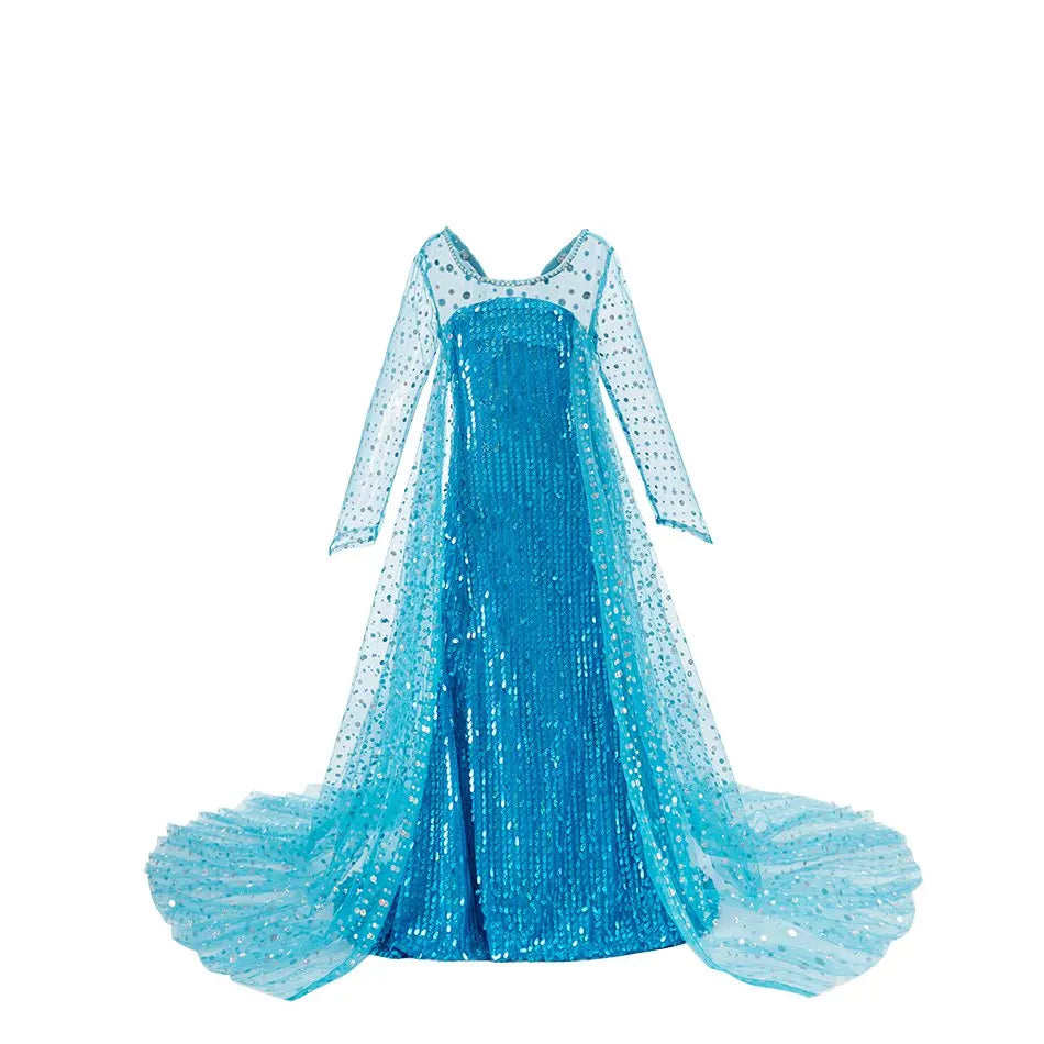 Children Carnival Blue Sequins Elsa Cosplay Dress Girls Elegant Blue Princess Costume Kids Halloween Birthday Party Clothes