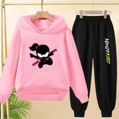 Children Hoodie Child Ninja Print 3-12 Years Old Boys Girls Toddler Coat Top+Pants Stylish Casual Black Sweatshirt Set