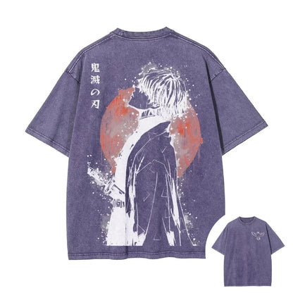 2026 Summer New Zenitsu Agatsuma Breath of Thunder Retro Washed Old T-shirt Demon Slayer 90s Street Style Short-sleeved Top