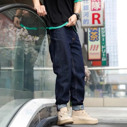 Men's Japanese Handmade Embroidered Jeans Pure Cotton Straight Tube Hip-Hop Popular Slim Red Ears Show Thin Trousers Devil Black