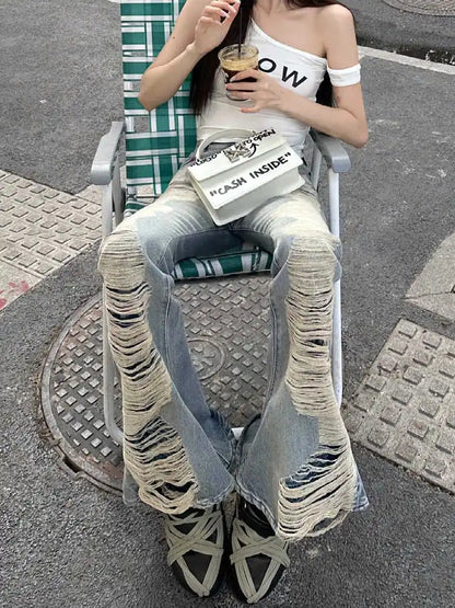 Summer Women Goblin Core Abi Grunge Cyber Punk Flare Jean Y2k Japanese Harajuku Low Rise Ripped Denim Pants 2000s Bell-Bottom