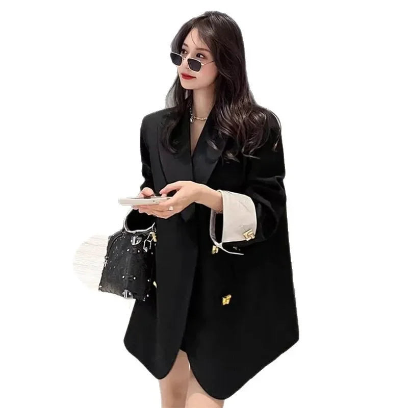Black Casual Commuter Loose Fit Premium Suit Jacket Spring Autumn New Style Korean Version Fashionable Polyester Fiber Full Slee