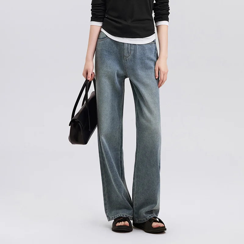 Jeans Women Heightening Pure Cotton Long Trousers Autumn 2024 New Flesh-hiding Wide-leg Trousers