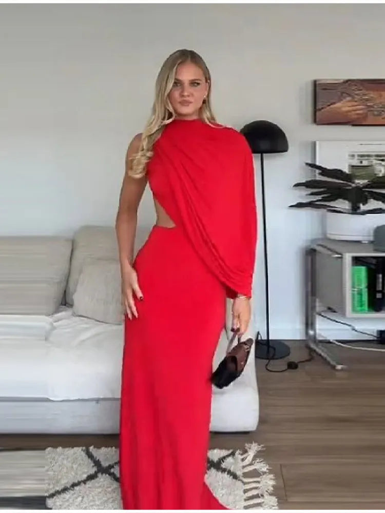 Red Asymmetrical Draped Backless Maxi Dress One Shoulder High Neck Cutout Bodycon Evening Gown For Women Formal Party