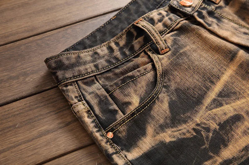 2026 Men's Fashion Vintage Jeans Slim Straight Leg Tie Dye Pleated Biker Denim Pants Male Casual Pants Oversized 42 High Quality