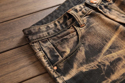 2026 Men's Fashion Vintage Jeans Slim Straight Leg Tie Dye Pleated Biker Denim Pants Male Casual Pants Oversized 42 High Quality