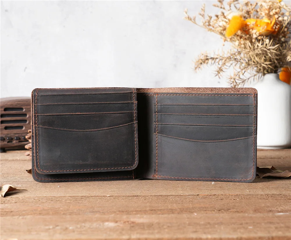 Men Handmade Crazy Horse Leather Wallet Men's Casual Simple Horizontal First Layer Cowhide Short Genuine Leather Clutch