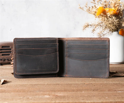 Men Handmade Crazy Horse Leather Wallet Men's Casual Simple Horizontal First Layer Cowhide Short Genuine Leather Clutch