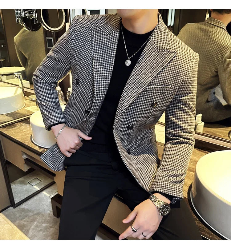 British Style Men Double Breasted Slim Fit Blazer 2024 New Houndstooth Slim Fit Suit Jacket Formal Business Wedding Dress Jacket