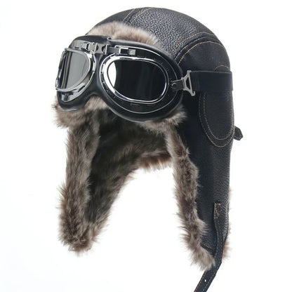 Winter Men Bomber Hat With Goggles Outdoor Motorcycle Windproof Warm Faux Fur Pilot Earflap Hat Leather Thermal Ushanka