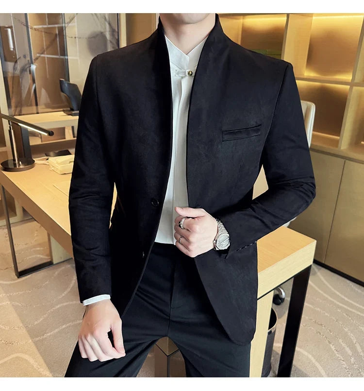High Quality Cowhide Suede Suit Coats Men Fashion Slim Fit Stand Up Collar Business Casual Jacket Formal Groom Social Tuxedos