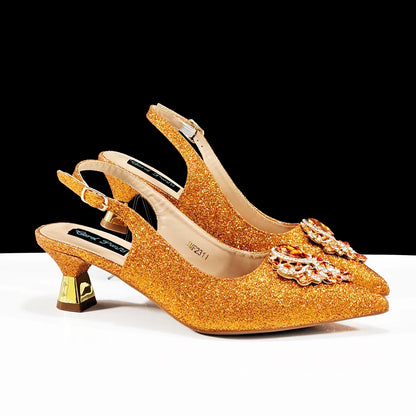 Italian Design Peach Color Pointed Toe Shoe & Bag Set Rhinestone Luxury  Women's High Heels for Parties By QSGFC