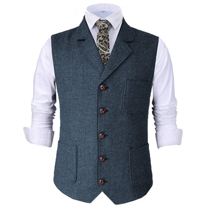 Men Vest Brown Herringbone With Lapel Waistcoat For Wedding Groom Banquet Business Casual Work Men Suit Vest