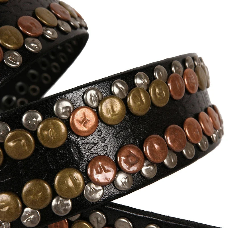3.8CM  Hip Hop Punk Style Men Belt Round Rivet Real Genuine Cowskin Leather Strap Male Cowboy Studded Belts Rock Waistband