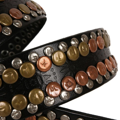 3.8CM  Hip Hop Punk Style Men Belt Round Rivet Real Genuine Cowskin Leather Strap Male Cowboy Studded Belts Rock Waistband
